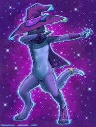 2020 3:4 3_toes 4_fingers anthro armor blue_body blue_scales bracers cape clothing dabbing digitigrade eddiew female fingers flat_chested genitals glowing hat headgear headwear hi_res kobold mostly_nude navel purple_background purple_eyes pussy ring scales signature simple_background solo sparkles spikes tail_ring toes witch_hat