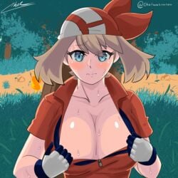 1girls artist_name big_breasts blue_eyes blush brown_hair chelwastaken eye_contact eyelashes female gloves heavy_breathing high_resolution huge_breasts human large_breasts lips looking_at_viewer may_(pokemon) medium_hair nintendo pale-skinned_female pale_skin pokemon pokemon_rse presenting presenting_breasts shy sweat sweatdrop text undressing unzipped watermark