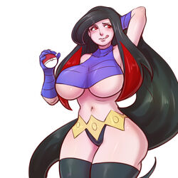 1:1 1girls :p abs bad_censor big_breasts black_hair breasts censored covered_nipples covering female female_only fortunia_(pokémon) frontier_brain gloves huge_breasts human human_only lips long_hair looking_away lucy_(pokemon) multicolored_hair navel nintendo pale-skinned_female pale_skin partially_clothed pinkkoffin pokémon pokeball pokemon pokemon_rse purple_gloves red_eyes shiny_skin solo standing thick_thighs thighs two_tone_hair underboob very_long_hair voluptuous white_background wide_hips