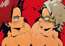 2boys absurd_res absurdres artist_request breasts_to_breasts color comparison ear_piercing earrings eijirou_kirishima hi_res high_resolution highres male male/male male_only muscle muscles muscular muscular_male my_hero_academia naked nude nude_male piercing pout red_background red_eyes red_hair staring_at_another tetsutetsu_tetsutetsu topless white_hair