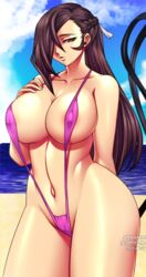 1:1_aspect_ratio areola_slip areolae beach breasts brown_eyes brown_hair cleavage curvaceous erect_nipples exhibitionism female fire_emblem fire_emblem_fates highres jadenkaiba kagero_(fire_emblem) large_breasts long_hair midriff navel nintendo nipples ocean ponytail sling_bikini solo standing strap_gap swimsuit third-party_edit tied_hair