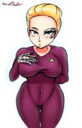 1girls bodysuit borg_(species) breasts busty combadge female lewddoodler nipples_visible_through_clothing png purple_bodysuit seven_of_nine signature star_trek star_trek_voyager starfleet_insignia text white_background wide_hips