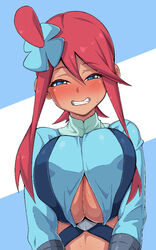 1girls big_breasts blue_eyes blush dark-skinned_female dark_skin eye_contact female gloves half-closed_eyes heavy_blush huge_breasts human long_hair looking_at_viewer nanashi_maru nintendo pokemon pokemon_bw red_hair skyla_(pokemon) smile sweat