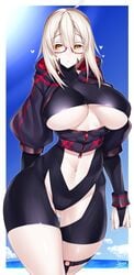 alternate_breast_size alternate_costume artoria_pendragon ass_visible_through_thighs big_breasts blonde_hair blush curvy fate/grand_order fate_(series) glasses heart huge_breasts looking_at_viewer mysterious_heroine_x_(alter) pale-skinned_female pale_skin swimsuit thick_thighs underboob watosu_(watosu_mama) wide_hips yellow_eyes