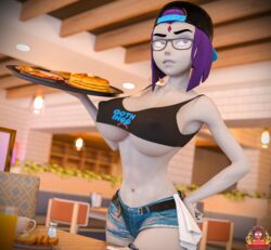 1girls 3d 3d_(artwork) big_breasts breasts dc dc_comics denim_shorts erect_nipples fast_food fast_food_uniform female female_only forehead_jewel forsaken_(artist) glasses goth goth_ihop ihop large_breasts nipple_bulge nipples purple_eyes purple_hair rachel_roth raven_(dc) rolling_eyes skimpy_clothes skin_tight teen_titans tray waitress