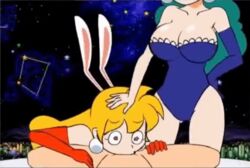 1boy 2girls akane_(parodius) animal_ears animated aqua_hair ass ass_visible_through_thighs assisted_fellatio blonde_hair blowjob bouncing_breasts breasts earrings elbow_gloves fellatio ffm_threesome forced_oral hikaru_(parodius) jealous konami leotard long_hair minus8 oral oral_sex parodius parodius_animation_(minus8) penis rabbit rabbit_ears rabbit_tail sex threesome uncensored