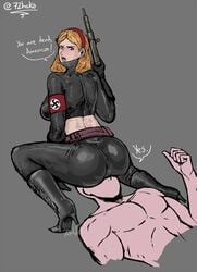 1boy 1girls armwear ass bj_blazkowicz blonde_hair blush boots clothed clothed_female clothed_female_nude_male english_text faceless_male facesitting female femdom firearm footwear german_female gun handwear human male malesub national_personification nazi pale_skin return_to_castle_wolfenstein rifle sitting_on_face squatting swastika text thumbs_up weapon wolfenstein wrongnhoka