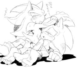 anthro anus aoki6311 blush censored clothed clothing duo eulipotyphlan genitals half-closed_eyes hedgehog japanese_text male male/male mammal monochrome narrowed_eyes partially_clothed penis shadow_the_hedgehog sketch sonadow sonic_(series) sonic_the_hedgehog sonic_the_hedgehog_(series) text toe_curl