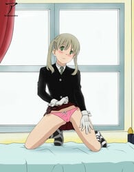 1girls arekusanderu bed blonde_hair blush blushing boots bow_panties combat_boots female female_only gloves green_eyes kneeling maka_albarn panties pink_panties school_uniform schoolgirl solo soul_eater teenage_girl teenager tie twintails window young