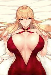 1girls bed blonde_hair earrings exposed_breast female female_only girls'_frontline huge_breasts long_hair looking_at_viewer ots-14_(girls'_frontline) red_dress solo zcune