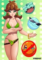 belt bikini brown_hair bulbasaur charmander closed_eyes earrings enessef-uu english_text first_porn_of_character green_background happy honey_(pokemon) human jewelry makeup mitsuba_(pokemon) nintendo pokémon_(species) pokemon pokemon_ss pokemon_ss_isle_of_armor smile squirtle text watermark