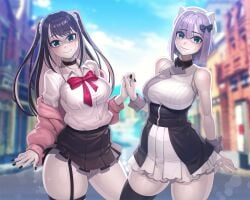 2girls alternate_breast_size big_breasts female fully_clothed holding_hands huge_ass kaga_nazuna kaga_sumire large_breasts lycra_(artist) pre-transformation thick_thighs transformation virtual_youtuber vspo! wide_hips