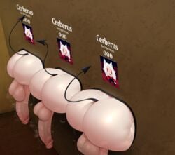 3futas ass balls big_ass big_balls big_penis cerberus_(helltaker) cock-tail demon_tail futa_only futanari helltaker intersex kabeshiri motion_lines penis portrait public_use red_eyes sinensian steamy_penis stuck stuck_in_wall through_wall uncensored veins veiny_penis white_hair