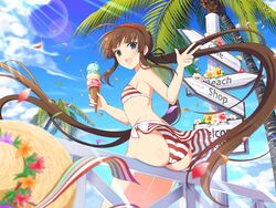 1girls ass bikini bikini_skirt blue_eyes blush brown_hair female flat_chest green_eyes headband heterochromia highres ice_cream legs looking_at_viewer official_art ponytail ryoubi_(senran_kagura) senran_kagura signpost sitting small_breasts striped_bikini