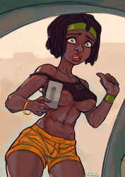 2020 2020s big_breasts dark-skinned_female dark_skin denim_shorts dreadlocks exposed_belly female fit_female jean_shorts kokman orange_shorts sad shorts smartphone strong_tomboy_(spectrum) tears thick_lips thick_thighs thin_waist tomboy underboob western_art wide_hips wristband