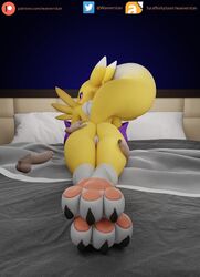 3d anthro ass balls bed blue_background canid canine claws digimon digimon_(species) disembodied_hand disembodied_penis duo erection female fur furniture genitals hi_res humanoid_genitalia humanoid_penis looking_at_viewer lying male mammal nude on_front paws penis pussy renamon simple_background straight toe_claws waeverstan yellow_body yellow_fur