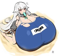 1girls beach big_breasts breasts chains cleavage female female_only huge_breasts hyper hyper_breasts long_hair popsicle red_eyes shino_(zerion) solo swimsuit tagme thehelmetguy torn_clothes white_hair