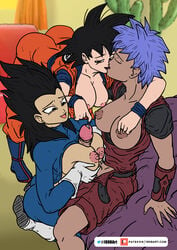 1futa 2girls alternate_hair_length alternate_hairstyle areola areolae black_hair blue_hair breasts brown_areola brown_nipples dark-skinned_female dark-skinned_futanari dark_skin dbart+18 dragon_ball dragon_ball_xenoverse dragon_ball_z eyes eyes_closed eyes_half_open eyes_open female female_goku female_vegeta futanari gender_transformation genderswap genderswap_(mtf) kissing light-skinned_female light_skin nipple_tweak nipples original_character paizuri pink_areola pink_nipples precum rule_63 saiyan son_goku threesome vegeta