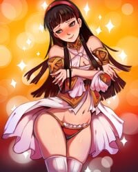 1girls alternate_costume amagi_yukiko armor atlus bikini bikini_armor black_hair black_hair_female blush blushing cleavage clothed clothed_female clothing embarrassed female female_only high-cut_armor light-skinned_female light_skin long_hair long_hair_female megami_tensei panties persona persona_4 revealing_clothes sega smile solo solo_female solo_focus toasty_scones