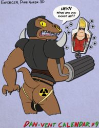 2020 alien anthro ass backsack ball_bulge balls big_balls blu3danny bulge cartoon_network claws clothing dialogue duke_nukem duke_nukem_(series) enforcer_(duke_nukem) english_text facial_piercing fangs genitals gun hi_res jockstrap johnny_bravo johnny_bravo_(series) looking_at_viewer looking_back machine_gun male male_only nose_piercing nose_ring open_mouth perineum piercing ranged_weapon rear_view reptile scalie solo speech_bubble target_practice tattoo text tongue underwear video_games weapon yellow_sclera