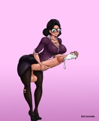 black_hair blush bottle clothing condom_filling cum cumming elbow_gloves entlessga futa_only futanari glasses huge_cock huge_penis large_breasts large_testicles miss_pauling penis_hold team_fortress_2 veiny_penis