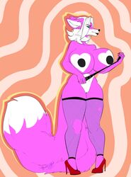 abstract_background anthro big_breasts black_nipples black_pussy blue_eyes breasts canid canine canis clothing female fishnet fishnet_legwear footwear fur genitals hair hatarla hi_res high_heels huge_breasts legwear looking_at_viewer mammal nipples pink_body pink_fur pussy riding_crop shoes solo whip white_hair wolf yuni_hermit