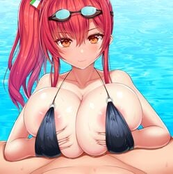 1boy areola_slip areolae asamura_hiori azur_lane bangs bare_shoulders bikini black_bikini blush breast_hold breast_squeeze breasts breasts_bigger_than_head closed_mouth collarbone covered_nipples covered_paizuri erect_nipples erect_nipples_under_clothes female goggles goggles_on_head highres huge_breasts long_hair looking_at_viewer o-ring o-ring_bikini orange_eyes paizuri pink_areola pool red_hair side_ponytail sidelocks smile spread_legs swimsuit wading water wet zara_(azur_lane) zara_(poolside_coincidence)_(azur_lane)