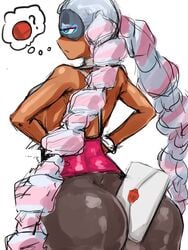 1girls arms_(game) ass ass_focus between_ass bubble_butt dark-skinned_female dark_skin dat_ass huge_ass invitation letter long_hair mask nintendo smash_bros_invitation solo steamingtofu straight_hair tights twintails twintelle white_hair yoga_pants