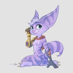 1:1 1futa 2020 anthro anus areola ass bionic_arm blue_eyes breasts claws fur furry futanari genitals gloves handwear head_tuft highres lombax looking_at_viewer mammal nipples purple_body purple_fur ratchet_and_clank rift_apart_lombax rivet_(ratchet_and_clank) samur_shalem scarf signature simple_background solo solo_futa striped_body striped_fur striped_tail stripes testicles tuft white_background