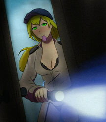 1girls blonde_hair bra breasts cleavage clothed condom condom_in_mouth female female_focus female_only five_nights_at_freddy's five_nights_at_freddy's:_security_breach garter_belt garter_straps green_eyes lingerie lingerie_under_clothes ls security_guard solo solo_female vanessa_(fnaf)