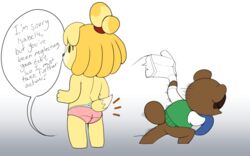 1boy 1girls animal_crossing anthro ass assisted_exposure back canine clothes_removed english_text euf-dreamer female fur furry isabelle_(animal_crossing) male mammal nintendo panties pink_panties raccoon speech_bubble standing tail tom_nook topless underwear undressing undressing_another