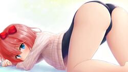 ass blue_eyes blush bow doki_doki_literature_club edit edited eyebrows_visible_through_hair female hairbow just_sayori on_knees red_bow red_hair sayori_(doki_doki_literature_club) showing_ass solo sweater thigh_gap thighs wamu_(chartreuse)