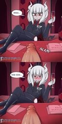 big_penis blush demon_girl demon_tail dragon_breath female heels helltaker looking_at_viewer lucifer_(helltaker) red_eyes stockings unseen_male_face white_hair wine