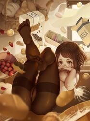 1girls absurdres anus ass basket black_legwear bread breasts brown_eyes brown_hair clitoris cookies covered_mouth english_text food fruit gaping_pussy high_resolution highres innie_pussy legwear letdie1414 looking_at_viewer milk my_hero_academia nipples ochako_uraraka pantyhose patreon patreon_reward patreon_username pussy solo strawberry text thighband_pantyhose uncensored url