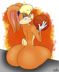 anthro ass backboob basketball_(ball) blue_eyes breasts bunny_ears curvy dat_ass female furry huge_ass lola_bunny looking_back looney_tunes nude_female sitting smiling space_jam thick_thighs tongue_out ultrastax xmetalhusky