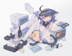 1girls ahoge animal_ears bangs bare_shoulders black_bow black_bowtie black_footwear black_hair black_panties blue_sailor_collar blue_skirt book bow bowtie cat_ears cat_girl cat_tail cd censored computer crt cum daizu_(melon-lemon) detached_sleeves female file floppy_disk folder full_body grey_eyes hair_ornament hairband hairclip hand_up highres holding_own_tail keyboard_(computer) knees_up long_sleeves looking_at_viewer lying mary_janes medium_hair microwave miniskirt monitor multi_ear no_nose novelty_censor on_back open_mouth original panties panties_around_one_leg parted_lips petasawa pleated_skirt pussy pussy_juice sailor_collar shirt shoes short_hair simple_background skirt sleeveless sleeveless_shirt sleeves_past_wrists solo star_(symbol) tail thighhighs tissue tissue_box underwear used_tissue white_background white_legwear white_shirt white_sleeves wide_sleeves windows windows_logo