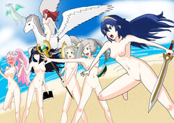 6+girls barefoot beach black_hair blonde_hair blue_hair blush breasts completely_nude cordelia_(fire_emblem) female female_only fire_emblem fire_emblem_awakening holding_weapon lissa_(fire_emblem) long_hair lucina_(fire_emblem) multiple_girls navel nipples nowi_(fire_emblem) nude nude_beach nude_female olivia_(fire_emblem) pegasus pink_hair ponytail pussy red_hair robin_(fire_emblem) robin_(fire_emblem)_(female) silver_hair spear spellbook staff sword tharja_(fire_emblem) twintails weapon