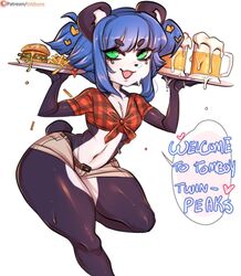 anthro bear bear_ears beer black_fur black_nose black_tail blue_hair burger color colored english_text female food french_fries fur green_eyes hair inkbuns nuwa_nightstone original panda panda_humanoid panties patreon_username plate small_breasts smile solo solo_female sweat tagme tail text tomboy tongue underwear ursid white_body white_fur