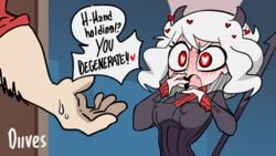 1boy animated blush bodily_fluids cute_fang demon demon_girl diives erect_nipples erect_nipples_under_clothes getting_erect heart heart-shaped_pupils helltaker holding_hands_is_lewd humanoid male modeus_(helltaker) open_mouth patreon red_eyes sweat sweatdrop watermark