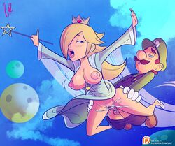 blonde_hair clothed_sex clouds cum_in_pussy doggy_style flying flying_sex goddess large_breasts laz_(madefromlazers) luigi mario_(series) nintendo outer_space princess_rosalina public public_sex sky super_mario_galaxy