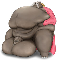 2014 anthro balls belly big_balls bodily_fluids brown_body brown_fur canid canine clothing doguma-sin flaccid fur genital_fluids genitals inugami_gyoubu_(nurarihyon_no_mago) male mammal navel nurarihyon_no_mago obese overweight overweight_male penis precum raccoon_dog robe simple_background solo tanuki white_background