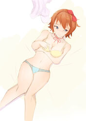 1girls 9_9bird arm_under_breasts blue_eyes blue_panties blush bow bra breasts cleavage clothing doki_doki_literature_club female hairbow hand_on_breast just_sayori kkyz13 legs_together lying_down lying_on_back orange_hair panties partially_clothed red_bow sayori_(doki_doki_literature_club) short_hair solo thighs wide_hips yellow_bra