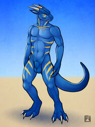 2012 3:4 3_toes abs absurd_res animal_genitalia anthro athletic balls barefoot biped blue_balls blue_body blue_eyes blue_scales blue_sheath blue_sky blue_tail claws digital_media_(artwork) digitigrade dragon fingers front_view full-length_portrait fully_sheathed genitals hi_res horn horn_ring looking_at_viewer male male_only multicolored_body multicolored_scales navel nude outside pecs portrait sand scales scalie sektoth sharp_claws sheath sky solo standing striped_body striped_scales stripes toe_claws toes tsaiwolf two_tone_body two_tone_scales white_claws white_horn yellow_body yellow_scales yellow_stripes