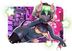 <3_eyes 1futa 2020 absurd_res balls blush bodily_fluids breasts clothing cum demon demon_humanoid futanari genital_fluids genitals green_hair gynomorph hair heart hi_res humanoid humanoid_pointy_ears intersex koiicho legwear looking_at_viewer penis saliva sex_toy solo spade_tail stockings tongue tongue_out