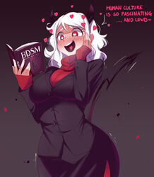 bagelbomb blush demon_girl demon_horns demon_tail drool english_text fully_clothed heart-shaped_pupils heart_in_mouth helltaker modeus_(helltaker) straight_hair