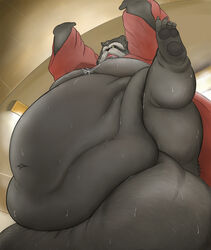 2012 anthro balls belly big_balls bodily_fluids canid canine clothing doguma-sin facial_hair genitals humanoid_hands inugami_gyoubu_(nurarihyon_no_mago) male mammal moustache navel nurarihyon_no_mago obese overweight overweight_male raccoon_dog robe solo sweat tanuki