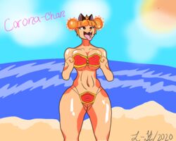 1girls beach breast_squish breasts corona_chan coronavirus covid-19_pandemic facemask female meme thick_thighs tongue_out