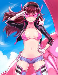 >:) 1girls :3 adjusting_eyewear adjusting_glasses bikini bikini_under_clothes black_jacket blizzard_entertainment blue_sky breasts brown_hair bunny cleavage closed_mouth collarbone cowboy_shot cropped_jacket d.va day female female_focus female_only flame_print floating_hair glasses gloves glowing hana_song hand_on_hip hand_up headphones holster jacket kamina_shades legs_apart long_hair looking_at_viewer mecha medium_breasts navel o_o open_clothes open_jacket outdoors overwatch parody pink-tinted_eyewear pink-tinted_glasses pink_bikini pocket purple_shorts shorts sieyarelow sky sleeves_folded_up smile solo stomach string_bikini sunglasses swimsuit tengen_toppa_gurren_lagann thighhighs tinted_eyewear whisker_markings white_gloves wind