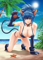 beach bell_collar big_breasts bikini blue_eyes blue_hair breasts cat_costume cat_ears cat_gloves cat_tail claws cleavage embarrassed female ikari_warriors king_of_fighters leona_heidern liao_kj ocean sand snake snk snk_heroines:_tag_team_frenzy solo