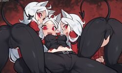 3girls :d animal_ears areola_bulge ass belt bent_over black_gloves black_neckwear black_pants black_vest breasts breath cameltoe cerberus_(helltaker) demon_girl demon_tail eyebrows_visible_through_hair fangs fat_mons female from_behind gloves grin helltaker high_resolution inumimi jtveemo leaning_forward long_hair long_sleeves looking_at_viewer looking_back low-tied_long_hair masturbation medium_breasts multiple_girls navel necktie oerba_yun_fang open_mouth pants red_eyes red_shirt shirt short_hair simple_background smile spread_legs spreading tail teeth thighs tied_hair tongue tongue_out triplets vest white_hair wing_collar